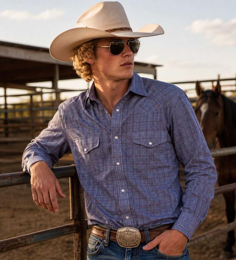 Panhandle Men’s ML Blue Plaid Pearl Snap Western Shirt Long Sleeve Cowboy Rodeo